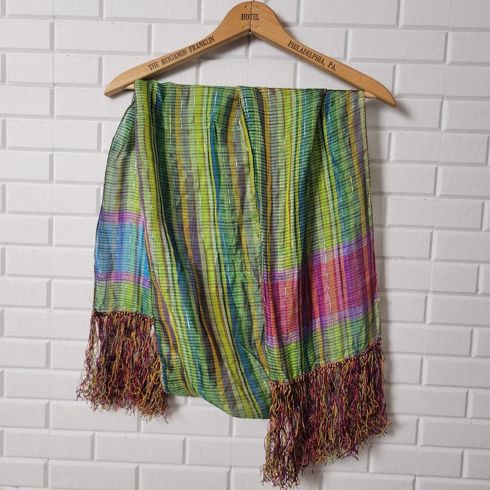 Vtg 80s Accessory Street Madras Plaid Scarf Multicolor Metallic Long Fringe